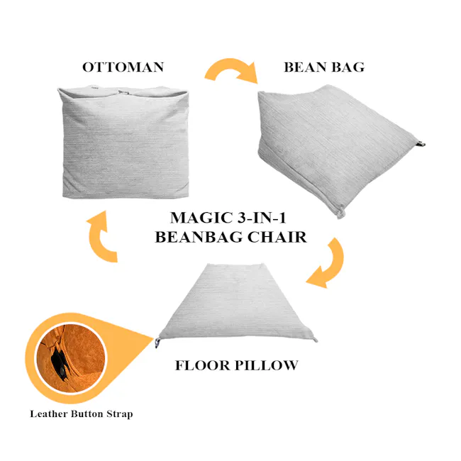 Magic 3-in-1 Bean Bag - Light Grey - 8 - Ottoman, Beanbag, Floor Pillow, Leather Button Strap, Magic 3-in-1, Beanbag Chair