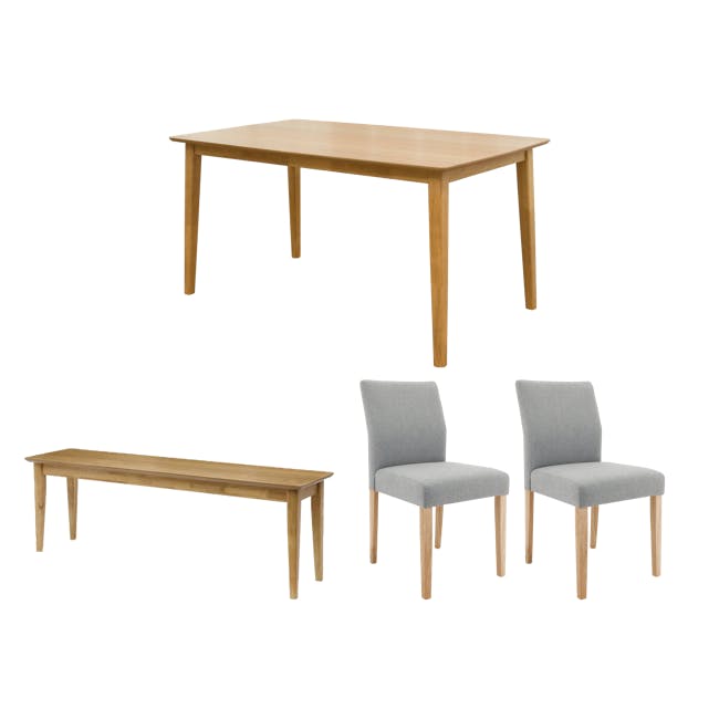 Koa Dining Table 1.5m in Oak with Koa Bench 1.4m with 2 Ladee Dining Chairs in Natural, Pale Silver - 0