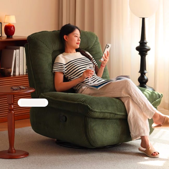 Glen Swivel Manual Recliner Lounge Chair - 10 - Green armchair, woman relaxing, reading book, smartphone in hand, white and