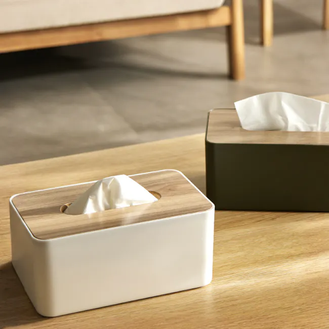 Wooden Tissue Box - White - 5 - Wooden box with white tissue paper, minimalist design, modern aesthetic, clean lines