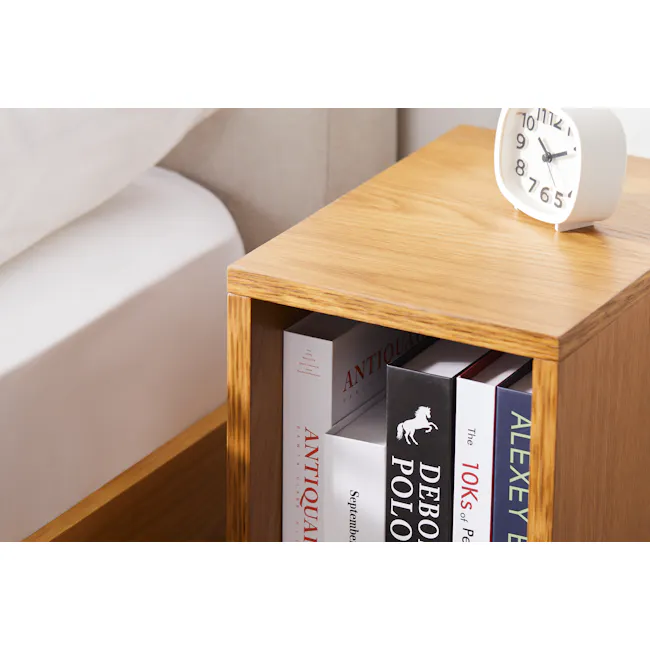 Kyoto Single Shelf Slim Bedside Table - Oak - 3 - Wooden bedside table, white alarm clock, minimalist design, soft lighting