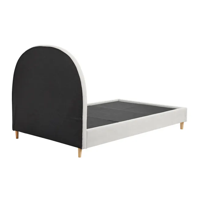 Aspen Super Single Bed - Ice Grey - 4 - Black upholstered bed frame, white mattress, wooden footstool, striped wallpaper