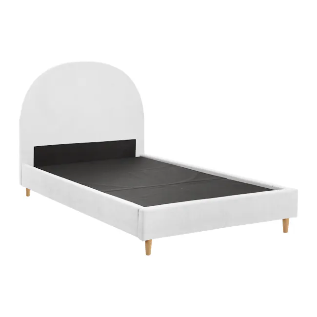 Aspen Super Single Bed - Ice Grey - 3 - White upholstered bed with black mattress, minimalist design, wooden footboard, soft