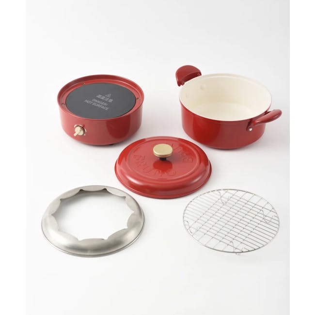 BRUNO Grill Pot - Pale Pink - 3 - Red kitchen pot, red lid, warning label, hot surface, cooking pot, cooking utensil