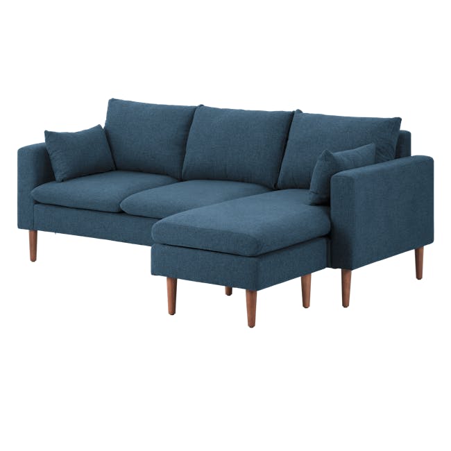 Alicia L-Shaped Sofa - Blue - 6 - Couch with blue fabric, wooden legs, multiple cushions, modern design, comfortable