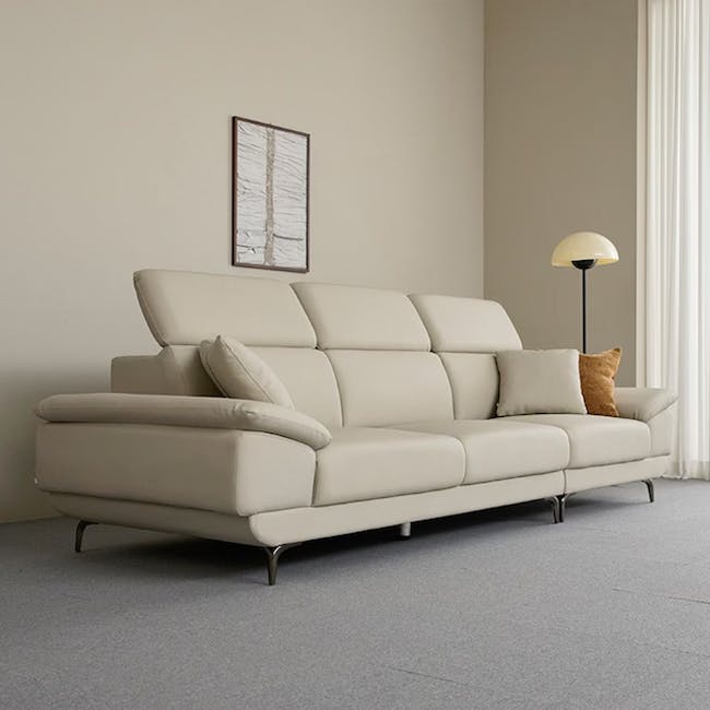 Montreal 4 Seater Sofa with Ottoman - Beige (Faux Leather) - 11 - Lush, minimalist, modern, elegant, neutral, beige, plush