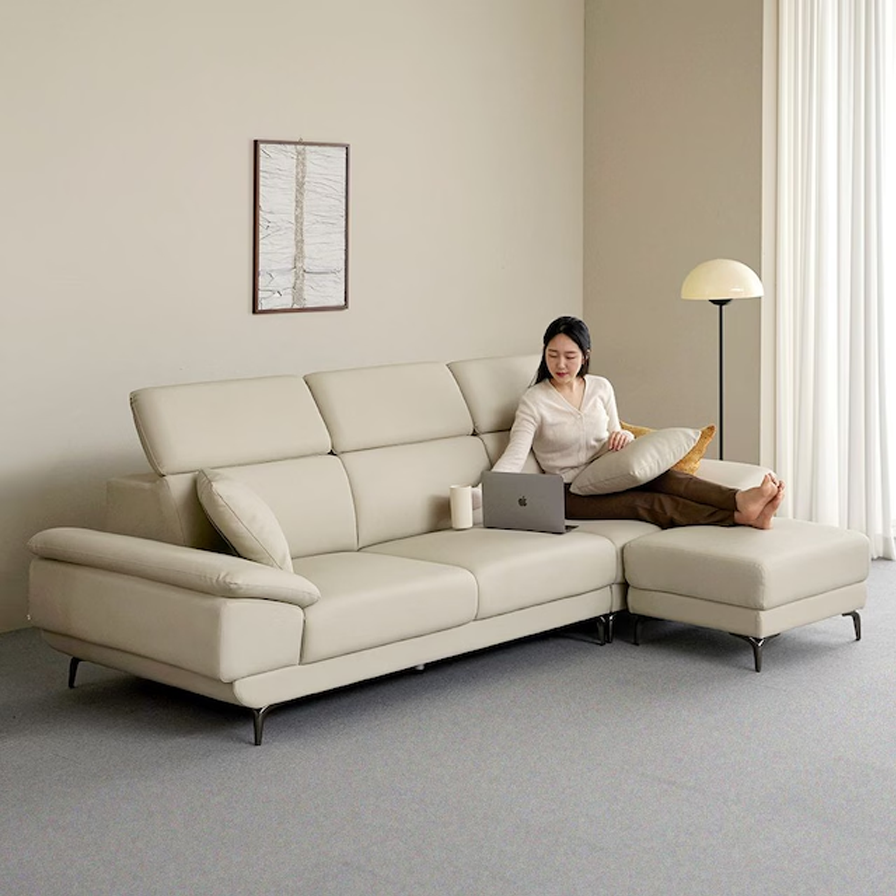 Montreal 4 Seater Sofa with Ottoman Beige (Faux Leather), Montreal by