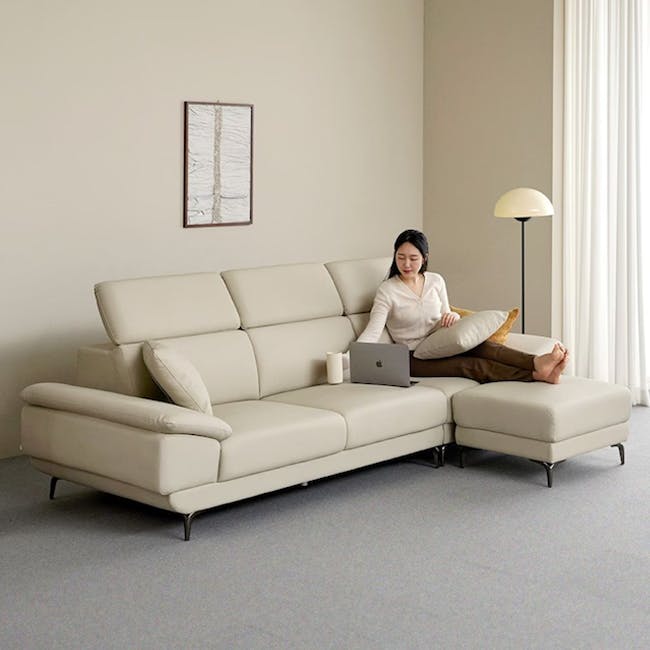Montreal 4 Seater Sofa with Ottoman - Beige (Faux Leather) - 2 - Luxurious beige sofa, modern design, comfortable seating