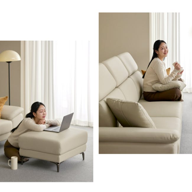 Montreal 4 Seater Sofa with Ottoman - Beige (Faux Leather) - 5 - Laptop, woman, sitting, cozy, modern, living room