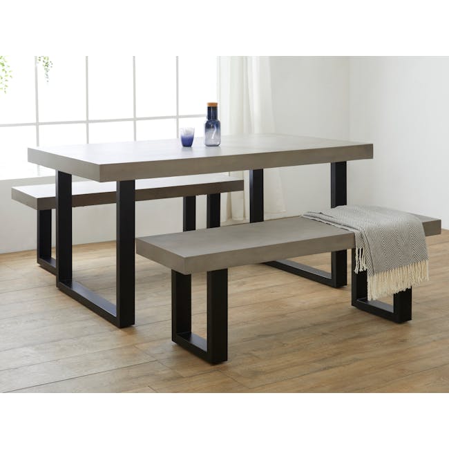 Titus Concrete Dining Table 1.6m with Titus Concrete Bench 1.4m and 2 Greta Chairs in Black - 14