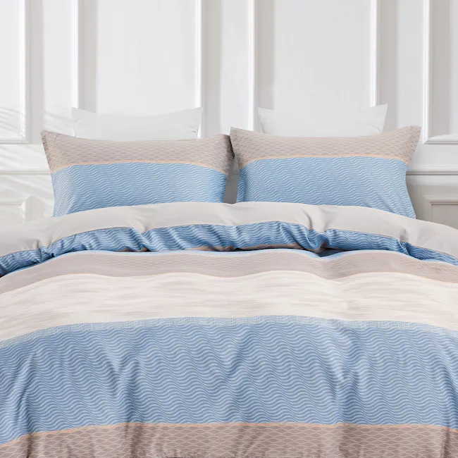 Rye Tencel Plus Bedding Set - King size - 1 - White bedding, blue and beige patterned pillows, neatly arranged pillows, soft