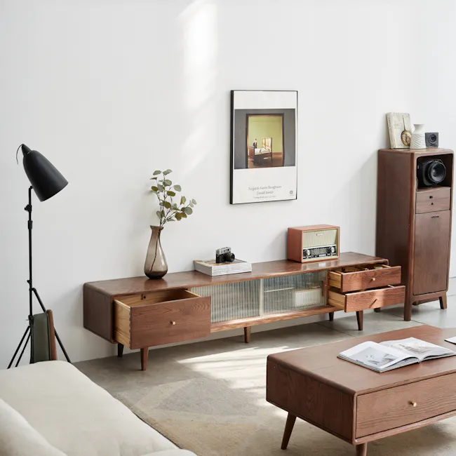 Lucia TV Console 2.2m - 7 - modern living room, minimalist decor, wooden furniture, floor lamp, green plant, abstract rug