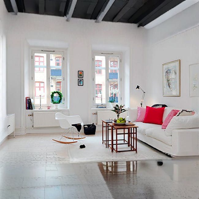 Klaus Rocking Chair - White - 2 - White living room, modern decor, white furniture, white couch, pink and white pillows