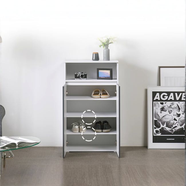 Muse Tall Cabinet 0.6m - White - 8 - Shelf with shoes, glasses, camera, framed picture, modern decor, minimalist design
