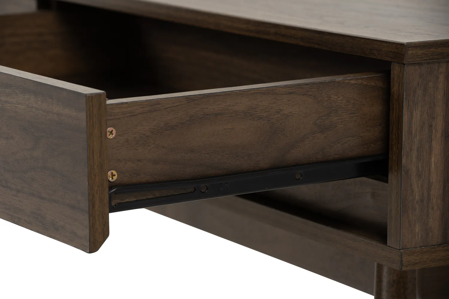 Herschel Console Table 1.2m - Walnut - 12 - Wooden drawer with brass screws, dark wood finish, metal hardware, drawer pull