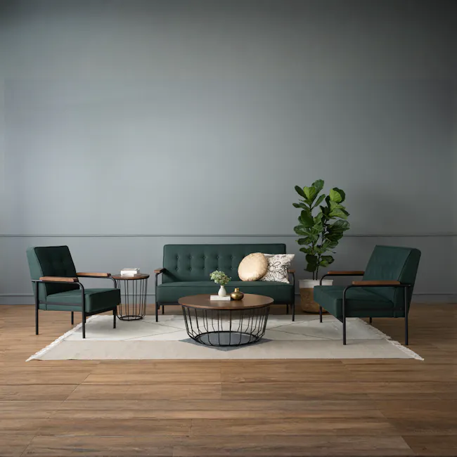 Daryl 3 Seater Sofa - Kale - 2 - Modern green upholstered armchair, wooden armrests, sleek black metal frame, round coffee