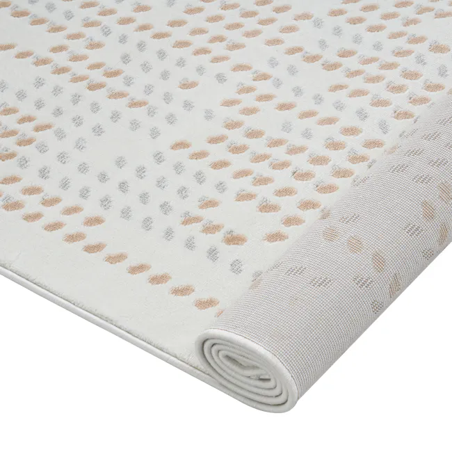 Iris Low Pile Rug - Microdot (3 Sizes) - 7 - Soft, textured, beige and gray patterned rug, rolled up, cozy, inviting