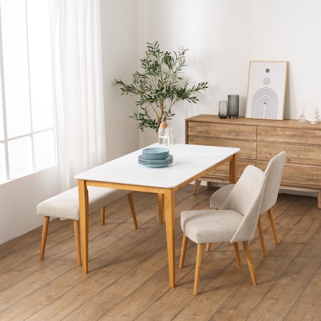Miranda Bench 1m - Natural, Beige - 4 - Modern dining room, minimalist design, wooden furniture, light beige chairs, white
