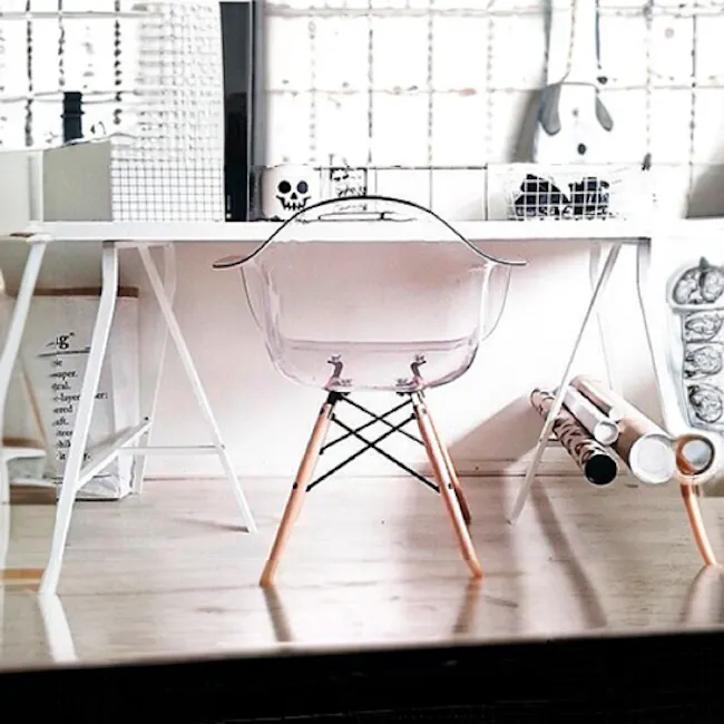 Lars Chair - Natural, Clear - 10 - Clear chair, white desk, wooden legs, transparent chair, paper bag, indoor setting