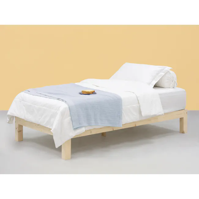 Katana Single Wooden Bed - 3 - Minimalist bedroom, wooden bed frame, white bedding, light blue blanket, wooden floor, soft