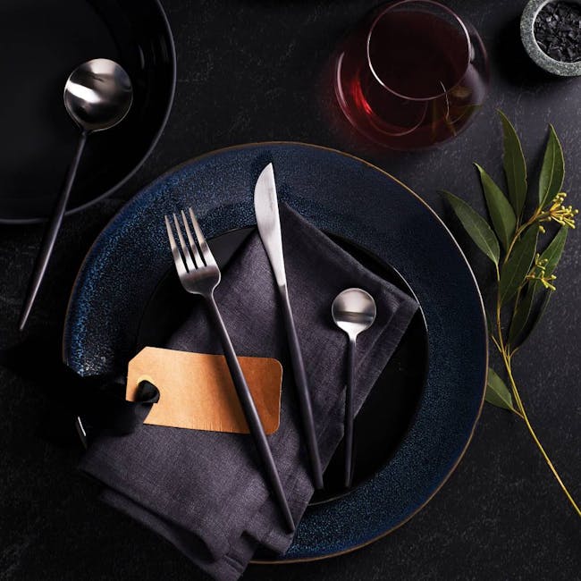 Stanley Rogers Piper Black 16Pc Cutlery Set - 3 - Dark blue textured plates, silverware set, folded napkins, wooden napkin