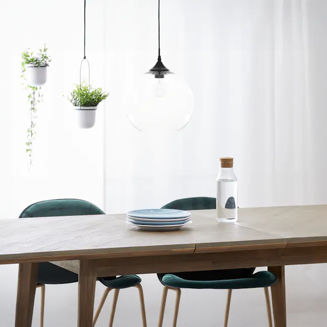 (As-is) Nicko Glass Globe Pendant Lamp - 7 - White dining table, hanging plants, modern decor, wooden table surface, blue