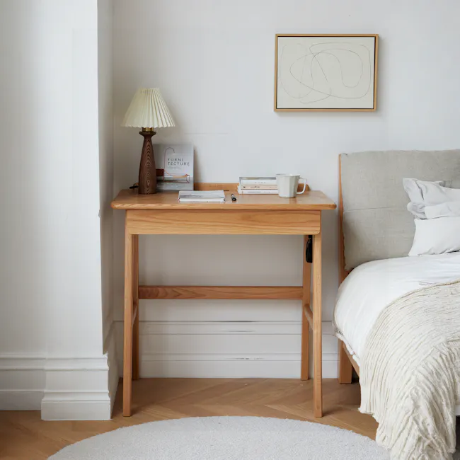 Chase Study Table 0.7m - 13 - Wooden desk, minimalist design, light-colored wood, modern aesthetic, white lamp, abstract