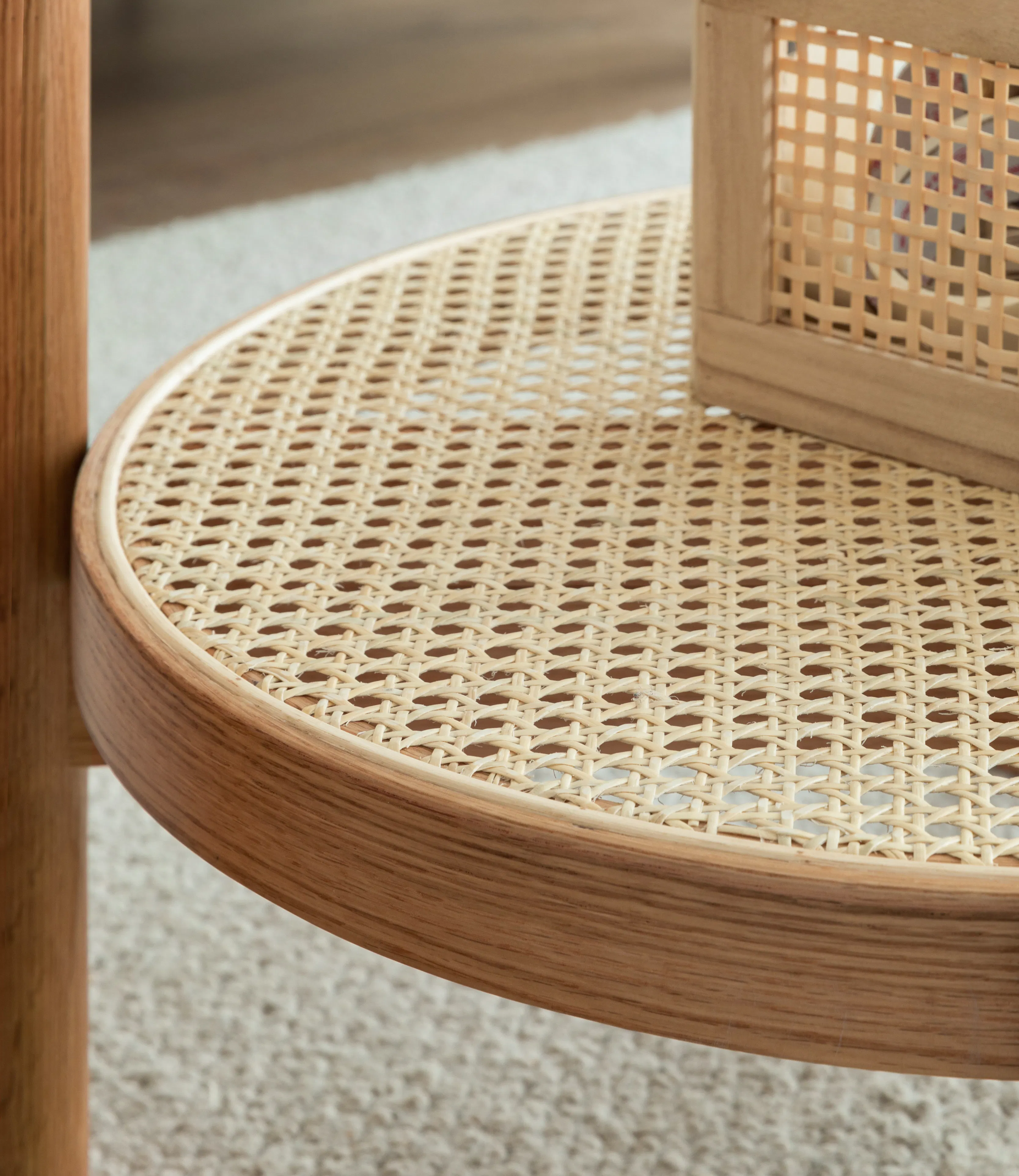 Lilian Rattan Coffee Table - Natural (Glass Tabletop) - 14 - Wicker chair, round seat, natural wood finish, woven texture