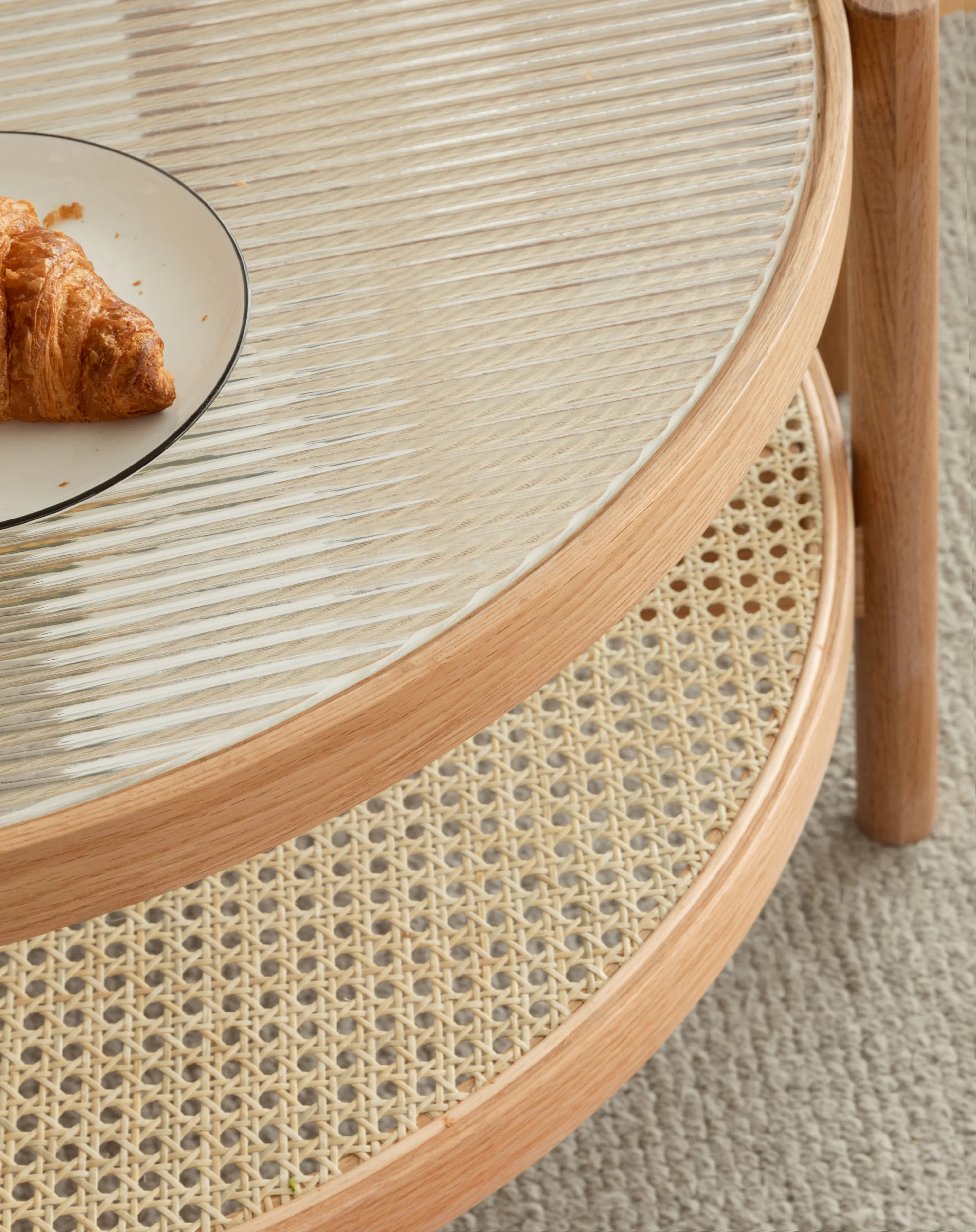 Lilian Rattan Coffee Table - Natural (Glass Tabletop) - 12 - Crepes on plate, wooden chair, woven table, light beige
