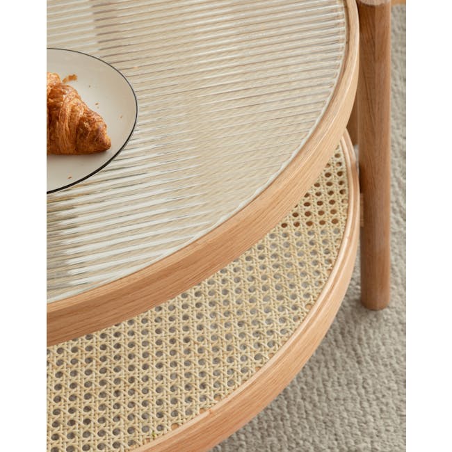 Lilian Rattan Coffee Table - Natural (Glass Tabletop) - 12 - Crepes on plate, wooden chair, woven table, light beige