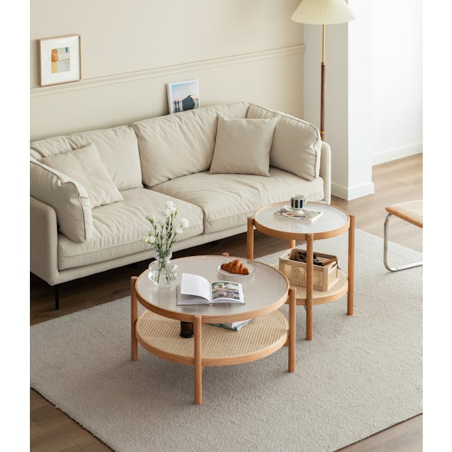 Lilian Rattan Coffee Table - Natural (Glass Tabletop) - 2 - Cream-colored sofa, minimalist decor, round coffee tables, white