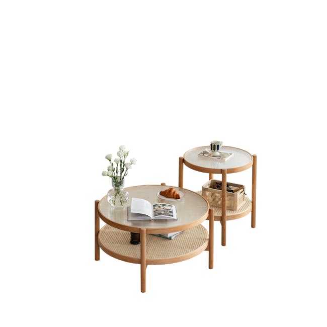 Lilian Rattan Coffee Table - Natural (Glass Tabletop) - 9 - glass coffee table, minimalist design, round tables, natural