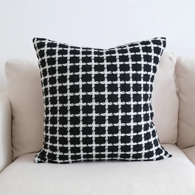 Terry Textured Grid Pattern Cushion Cover - Black - 6 - Black and white checkered pattern, textured fabric, cozy throw