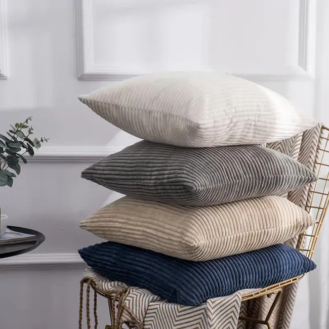 Emeri Large Corduroy Cushion Cover - Ivory - 4 - pillows, pillows on chair, stack of pillows, textured pillows, neutral