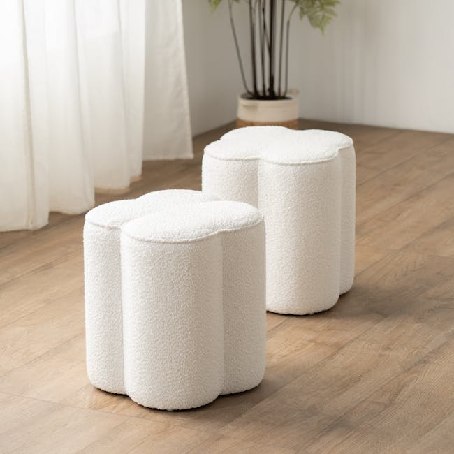 Clover Pouf - White Boucle - 2 - White, cylindrical, soft, plush, textured, modern, minimalist, cozy, inviting, comfortable