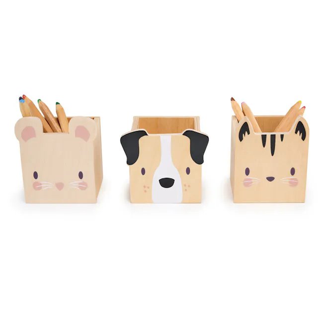 Tender Leaf Pet Pencil Holders - 3 - Wooden bear, pencil holder, cute design, cartoon faces, animal faces, playful design