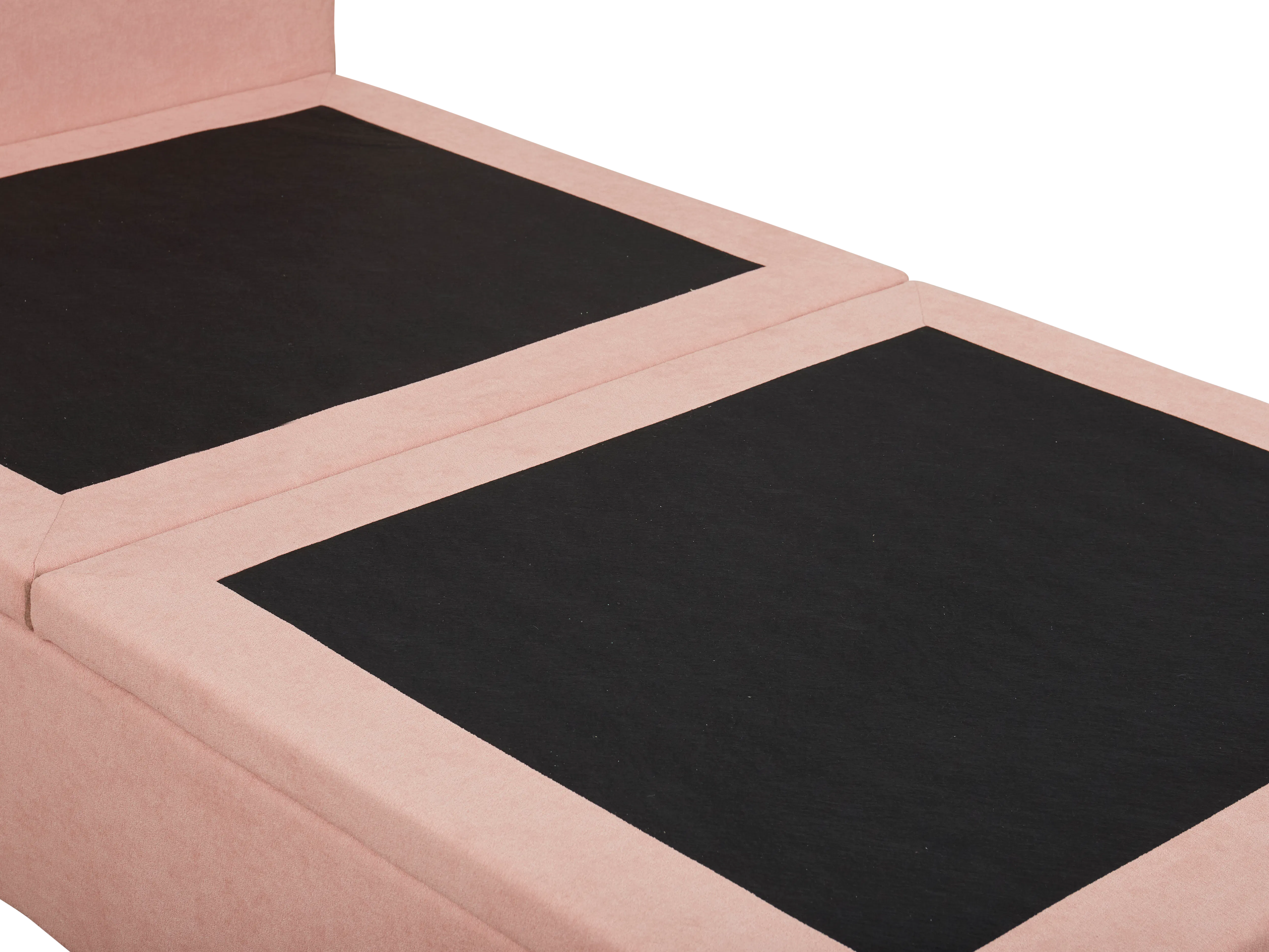 Aspen Single Storage Bed - Blush - 10 - Soft pink fabric sofa with black cushions, neatly folded, spacious interior