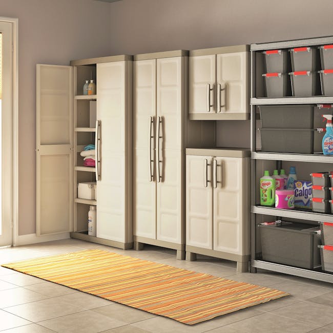 Excellence Utility Cabinet - 2 - Organized kitchen storage, white cabinets, open pantry, laundry area, cleaning supplies