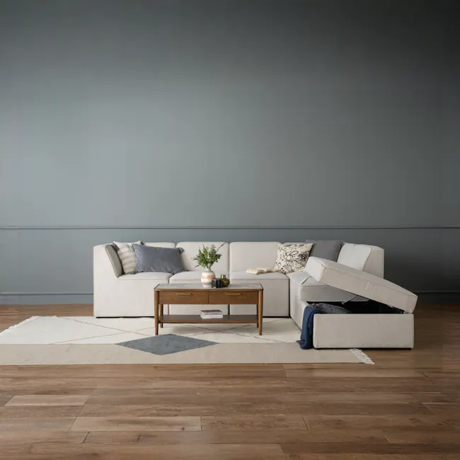 Tony Corner Unit - White - 3 - Modern minimalist living room, contemporary furniture, light gray sofa, decorative pillows