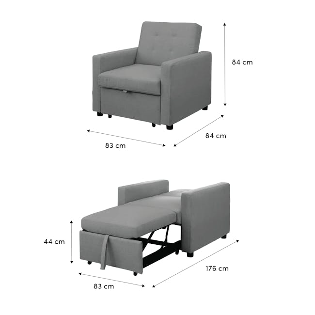 Mason Sofa Bed - Graphite - 8 - Grey upholstered armchair, 84 cm height, 83 cm width, 44 cm seat length, 83 cm depth, 176 cm