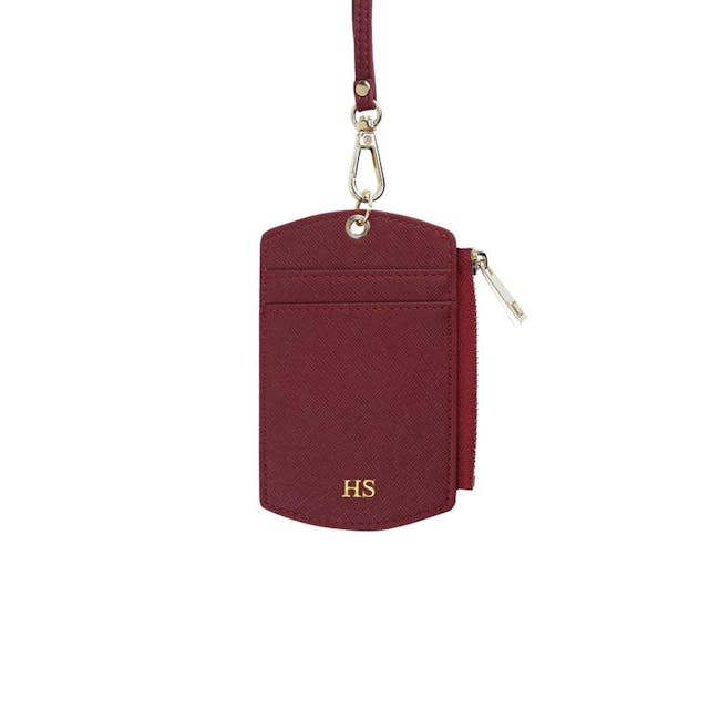 Personalised Saffiano Leather ID Cardholder Landyard With Zip - Burgundy - 0