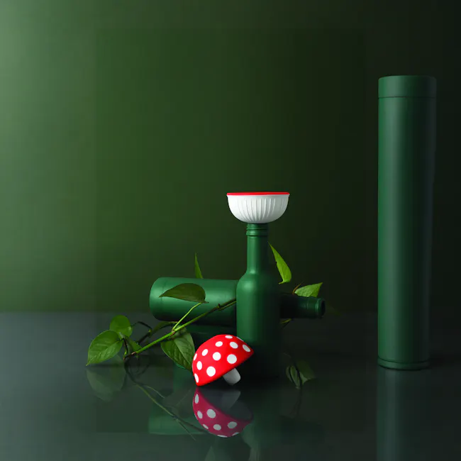 OTOTO Funnel - Magic Mushroom - 3 - Green bottle with red and white polka dot mushroom, green plant leaves, dark green