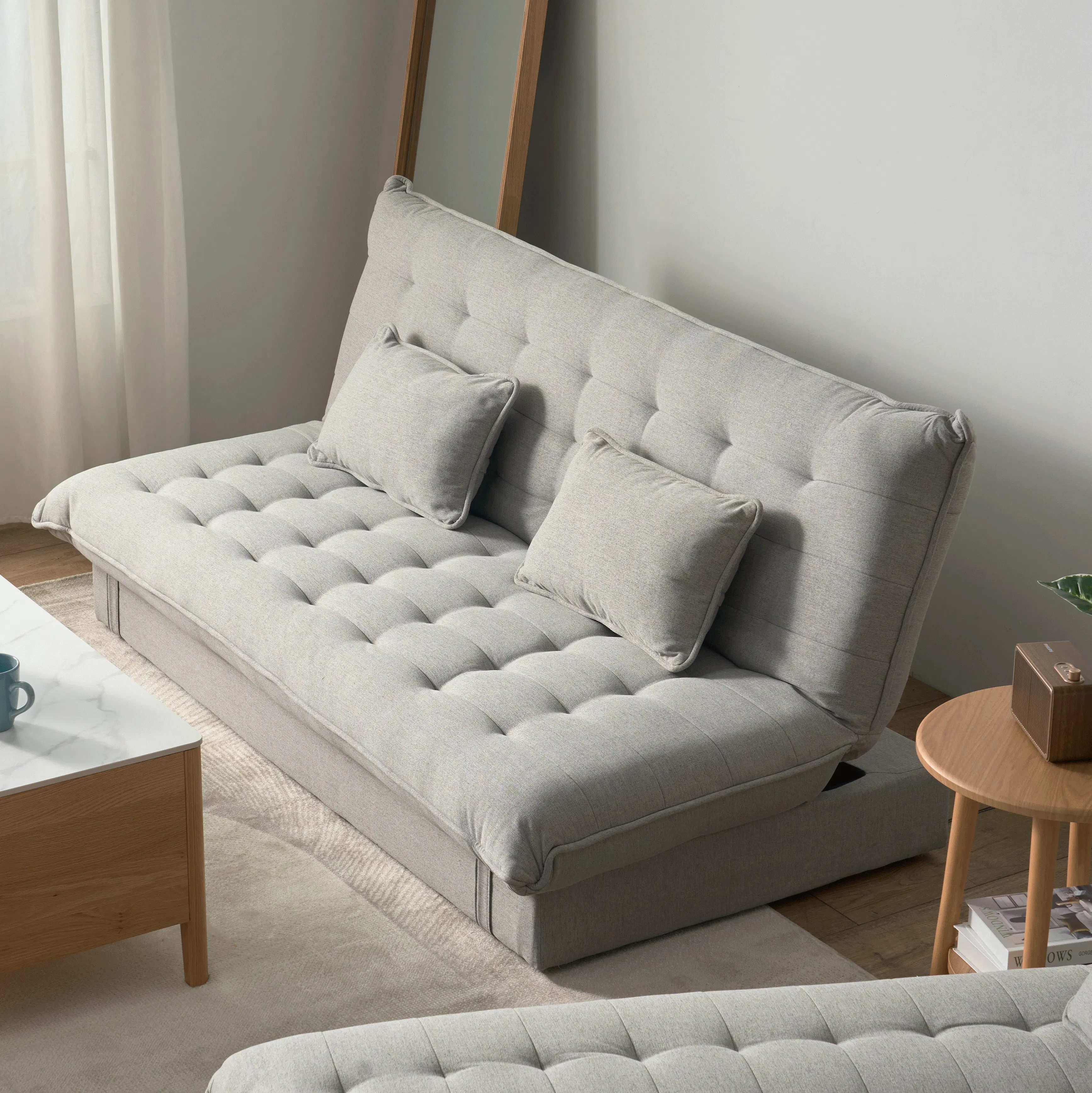 Tessa L-Shaped Sofa Bed - Beige (Eco Clean Fabric) - 12 - Modern minimalist living room, light gray tufted sofa, soft