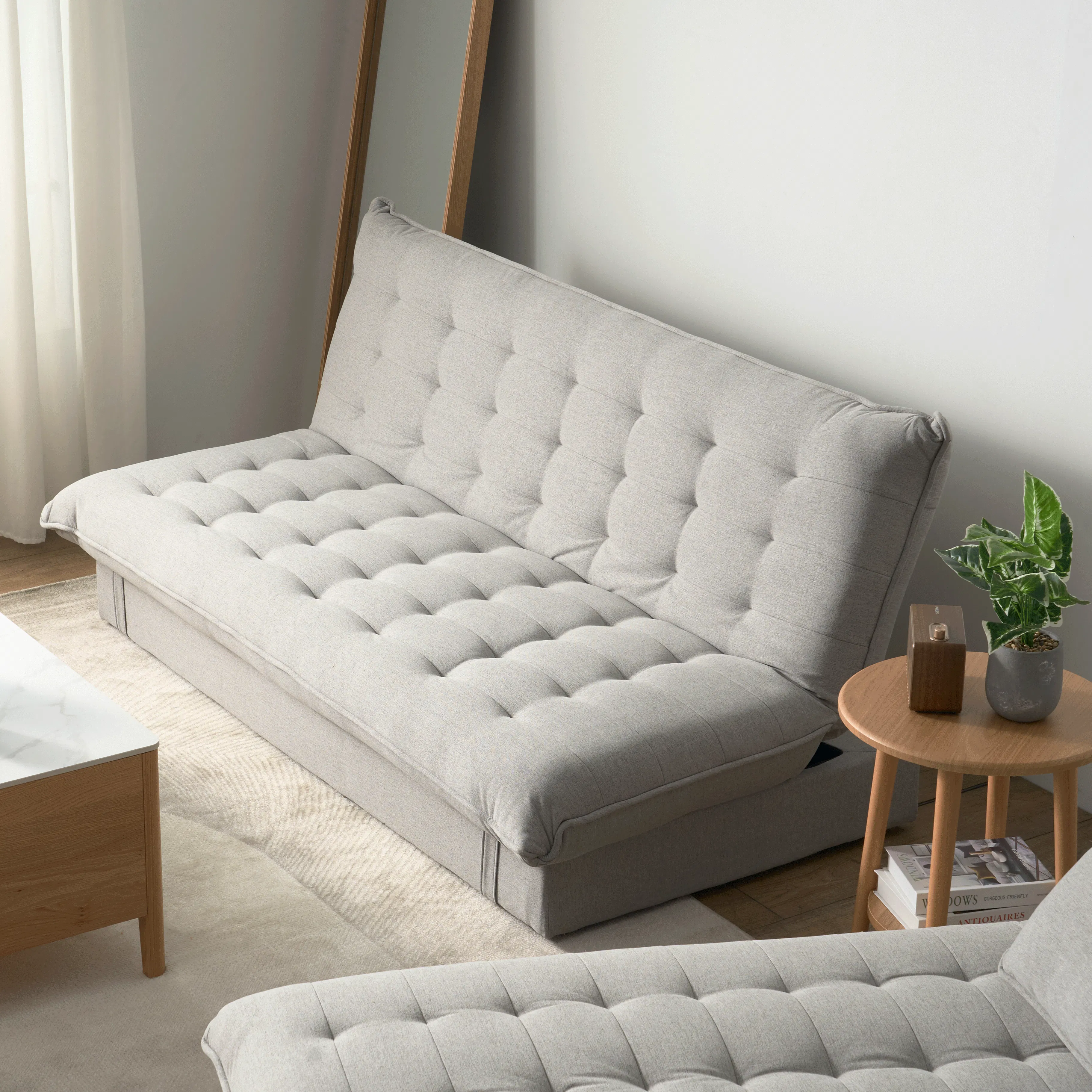 Tessa L-Shaped Sofa Bed - Beige (Eco Clean Fabric) - 13 - Modern minimalist living room, light gray tufted sofa, soft