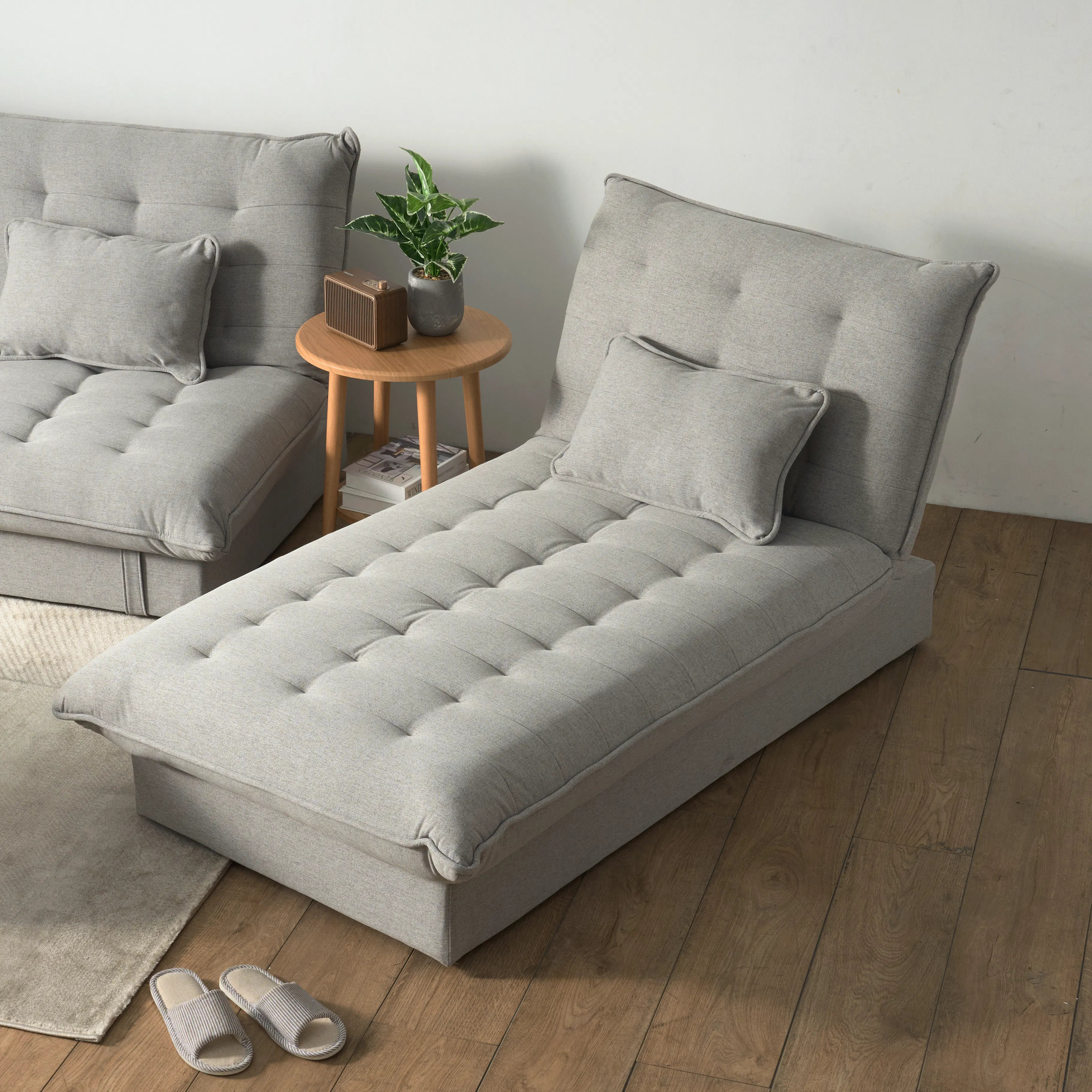 Tessa L-Shaped Sofa Bed - Beige (Eco Clean Fabric) - 14 - Modern gray tufted sofa, light gray cushions, wooden round side