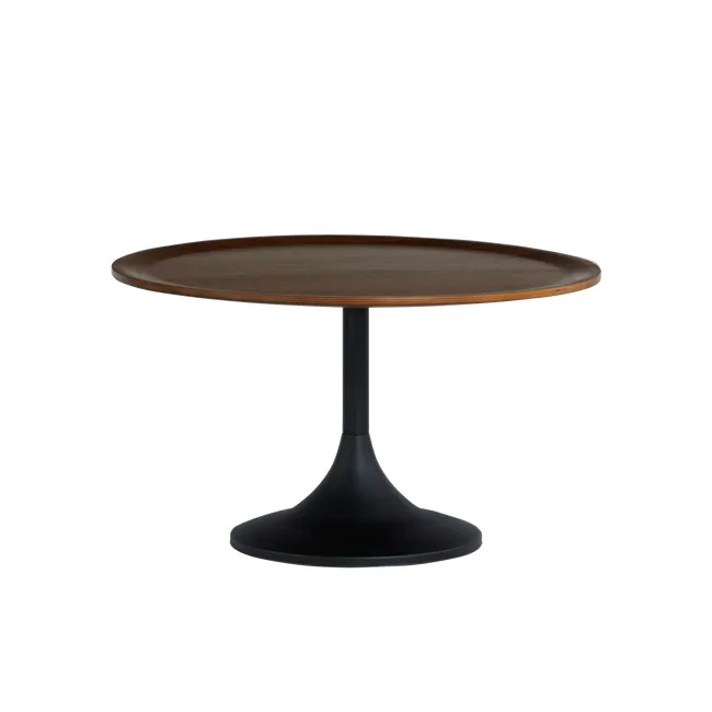 (As-is) Pablo Round Coffee Table - Walnut - 2 - 1 - Modern round table with dark wood top and sleek black base, minimalist
