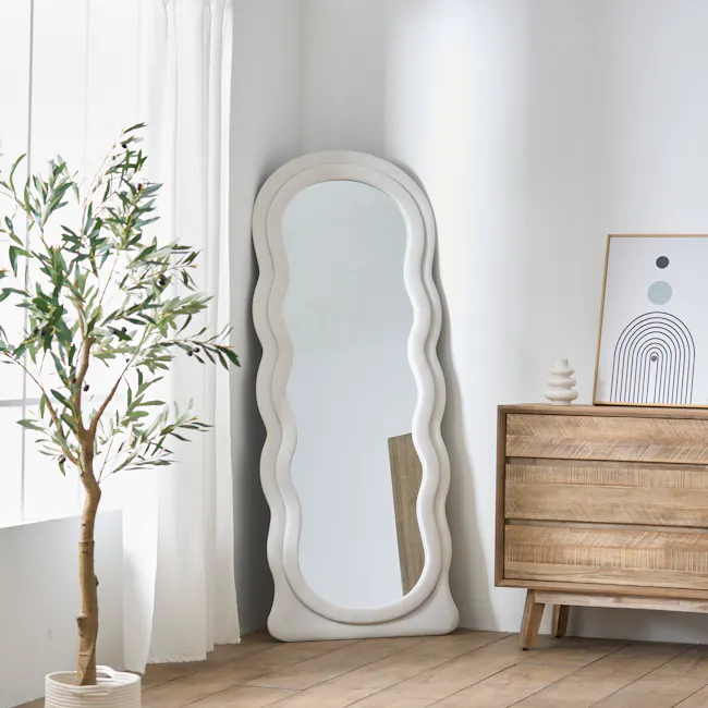 Floe Velvet Floor Mirror 170 x 70 cm - Off White - 2 - White wavy mirror, minimalist decor, wooden dresser, abstract