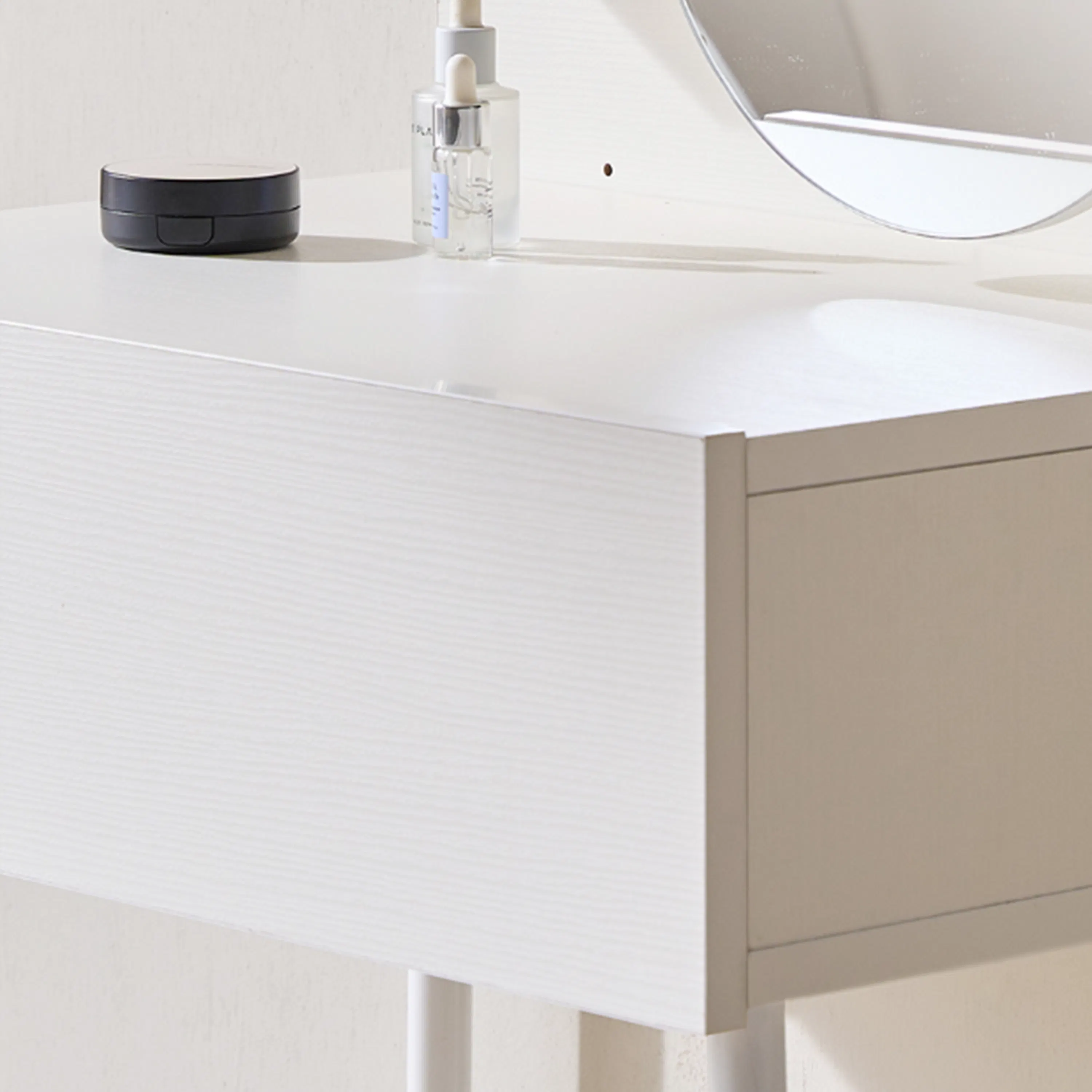 Soy Dressing Table Shelf and Mirror Only - Ivory - 13 - White vanity, minimalist design, round black object, rectangular
