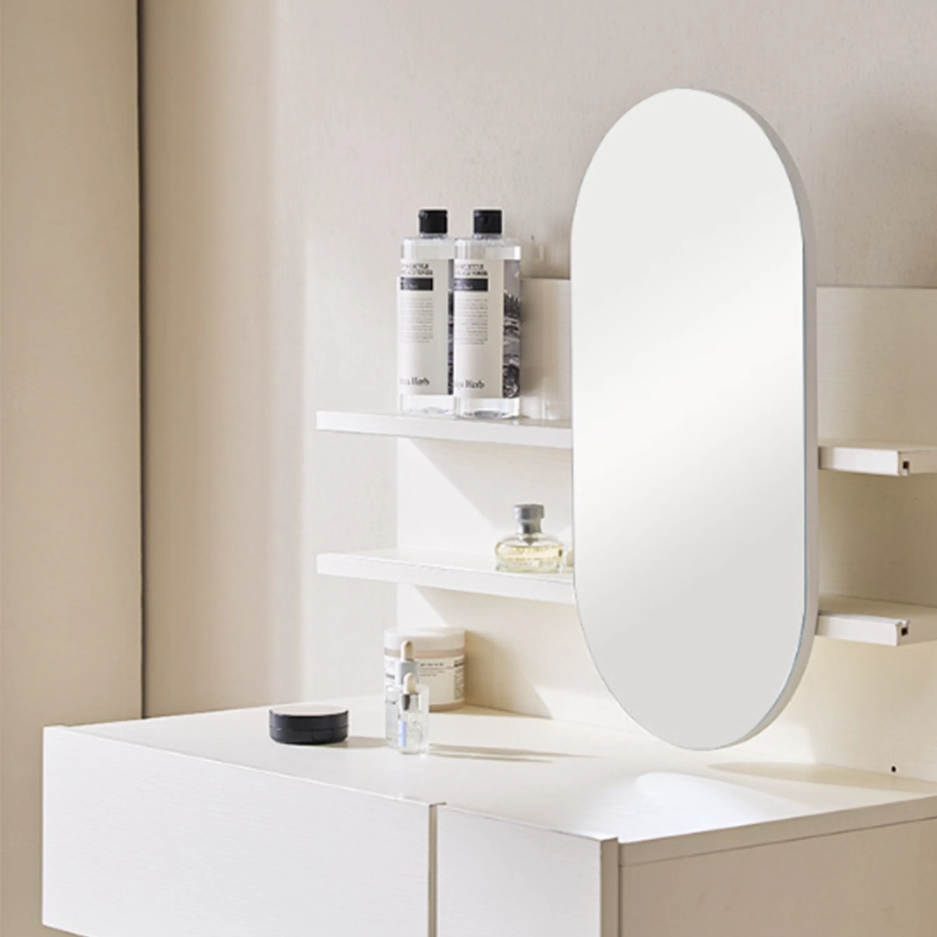 Soy Dressing Table Shelf and Mirror Only - Ivory - 15 - White vanity with minimalist design, round mirror, built-in shelves