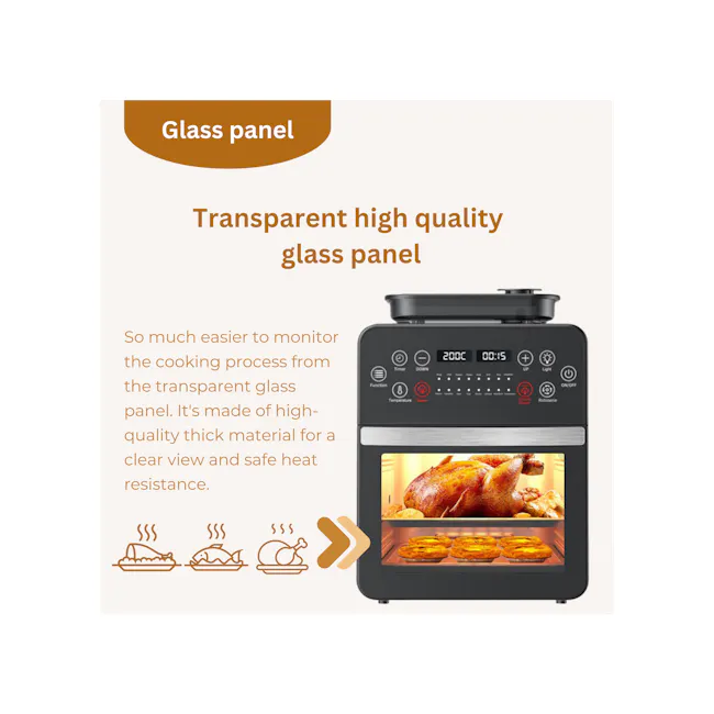 ARDEN Kitchen Electrical Digital Airfryer Oven Steamer 15L - 3 - Transparent high quality glass panel, easy to monitor